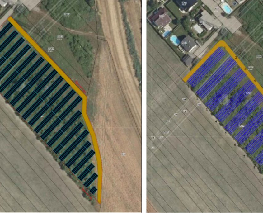 oekostrom AG: Nebeneinandergestellte Luftbilder zeigen links ein Getreidefeld und rechts an derselben Stelle eine Solarpanelanlage, markiert mit farbigen Überlagerungen und Gitterlinien.