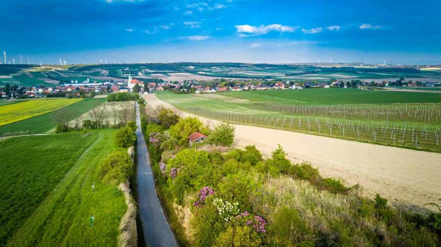 oekostrom AG: Luftaufnahme einer ländlichen Landschaft mit grünen Feldern, einer kurvenreichen Straße, verstreuten Häusern und Windrädern in der Ferne unter einem blauen Himmel.