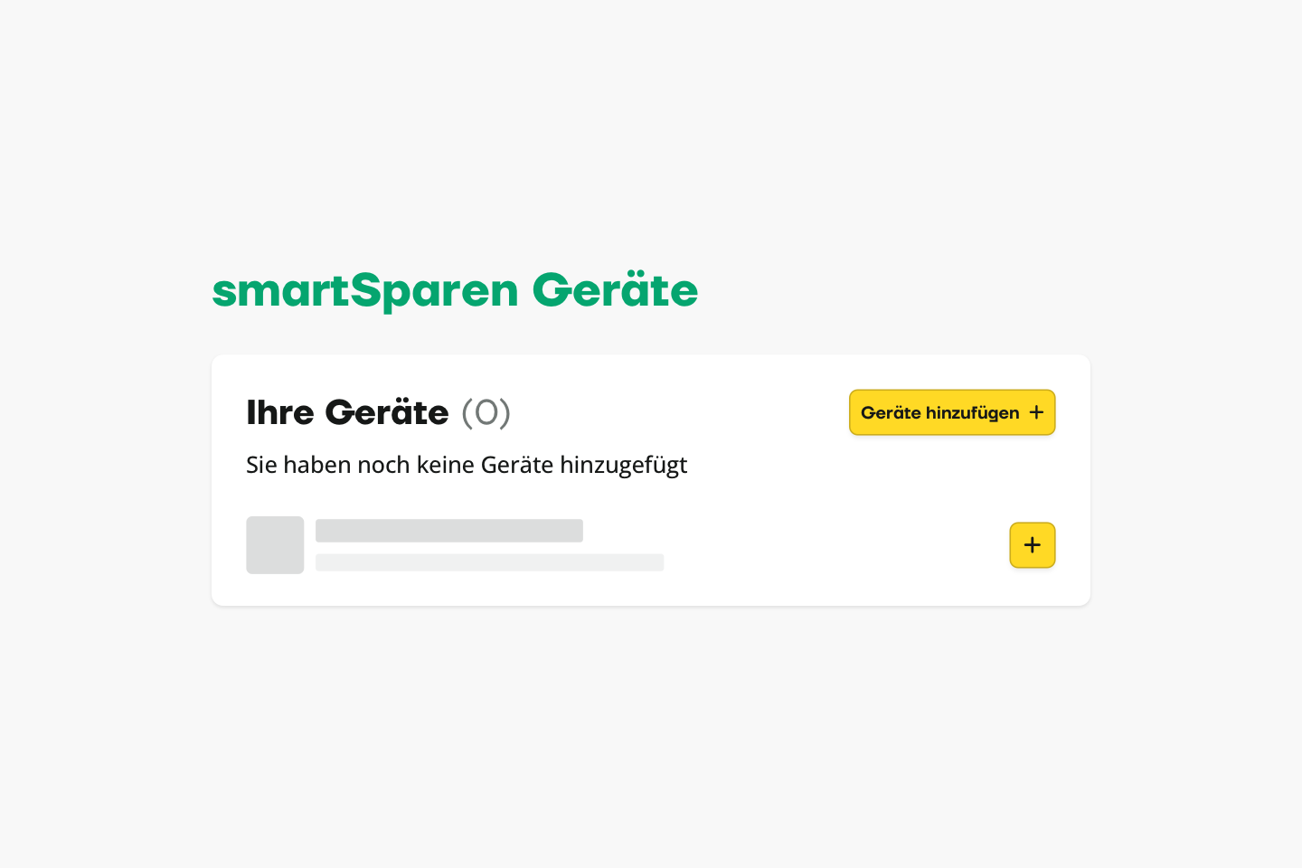 oekostrom AG: Eine deutsche Benutzeroberfläche mit der Anzeige „smartSparen Geräte“ und einem Abschnitt mit der Überschrift „Ihre Geräte (0)“, der angibt, dass keine Geräte hinzugefügt wurden. Auf einer gelben Schaltfläche steht „Geräte hinzufügen“ mit einem Pluszeichen.