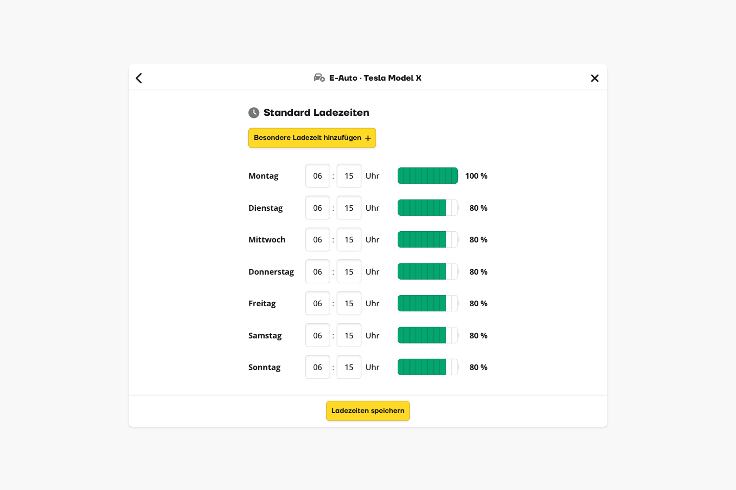 oekostrom AG: Eine Ladeplanschnittstelle für ein Elektrofahrzeug zeigt Wochentage mit festgelegten Zeiten und Prozentwerten für den Abschluss des Ladevorgangs an.