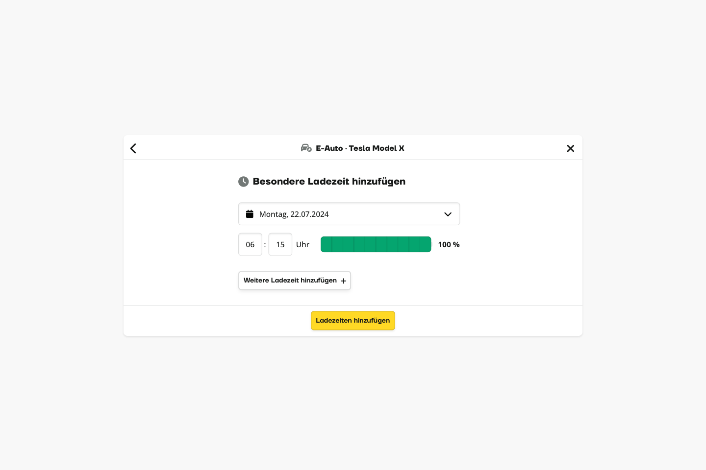 oekostrom AG: Screenshot einer Schnittstelle zur Ladezeitplanung für Elektrofahrzeuge eines Tesla Model X, eingestellt auf 6:15 Uhr, 100 % Ladung am Montag, 22. Juli 2024. Eine Schaltfläche zum Hinzufügen der Ladezeit ist sichtbar.