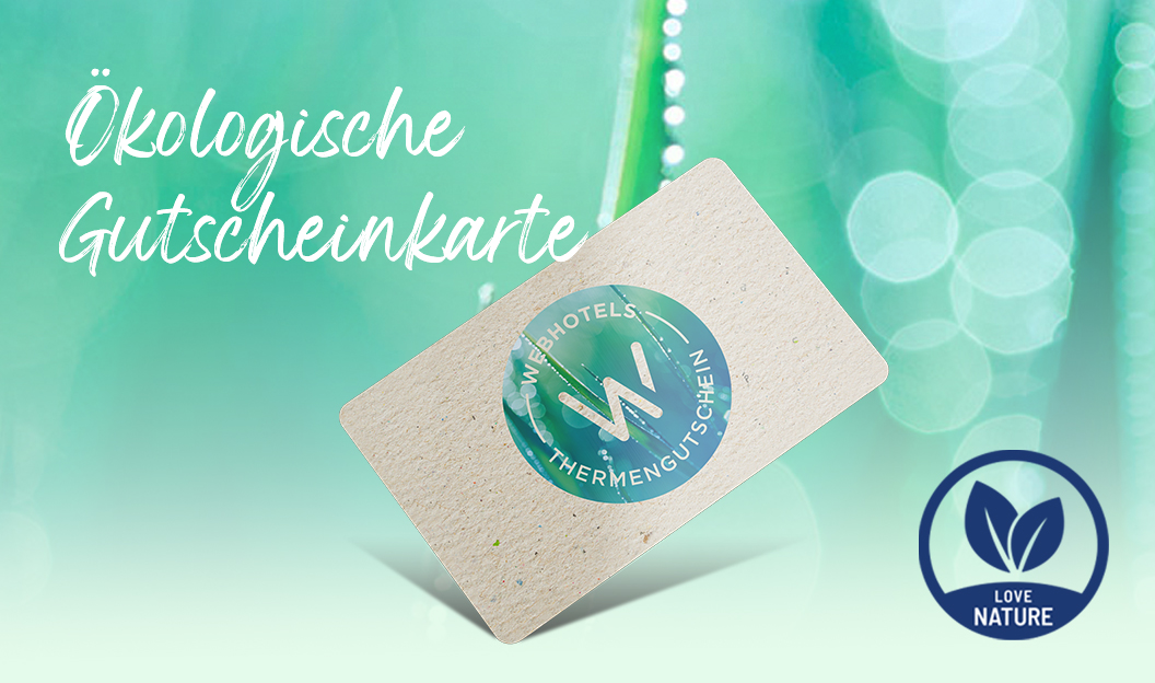 Eine beigefarbene umweltfreundliche Geschenkkarte mit der Aufschrift 