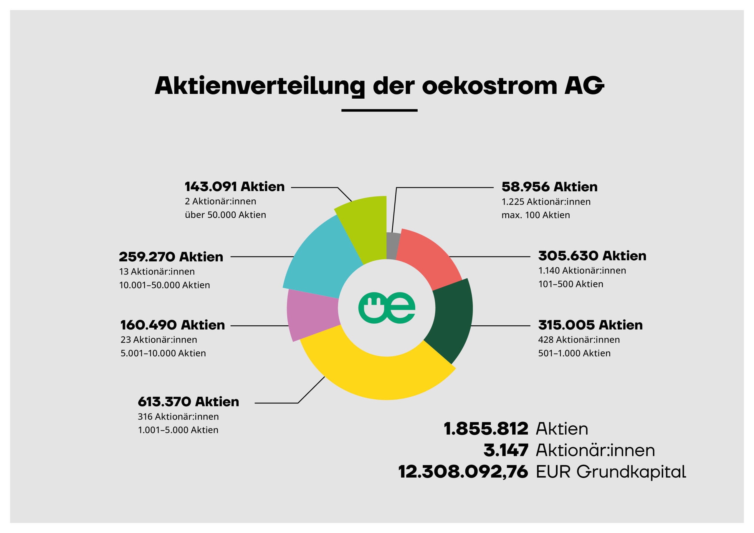 Kreisdiagramm zur Aktienverteilung der oekostrom AG, mit Segmenten für verschiedene Aktionärskategorien. Gesamt: 1.855.812 Aktien, 3.147 Aktionäre, 12.308.092,76 € Kapital.