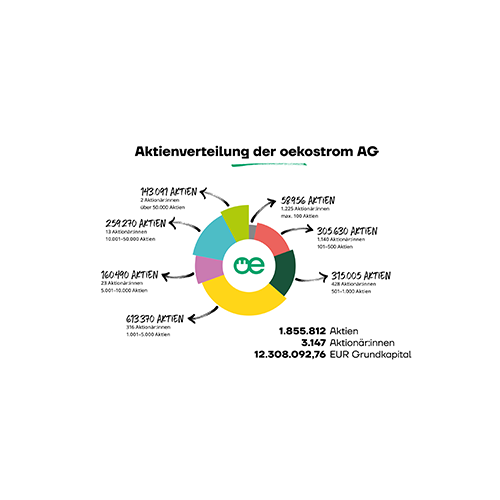 Kuchendiagramm zur Verteilung der Aktien der oekostrom AG auf die verschiedenen Aktionärsgruppen, wobei die Gesamtzahl der Aktien, die Anzahl der Aktionäre und das Kapital unten vermerkt sind. Quelle: oekostrom AG Presse.