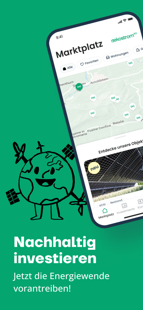 1284x2778_01 Auf einem Smartphone wird eine App für umweltfreundliche Investitionen mit einer Karte und Listen angezeigt; daneben ist eine lächelnde Cartoon-Erde mit Sonnenkollektoren und Windrädern zu sehen, die die Vorteile für Ihre Gemeinde hervorhebt. Der Text lautet: "Nachhaltig investieren.