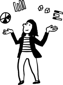 Artur_Oekostrom_Diagrmm-vektor Eine Person jongliert mit illustrierten Geschäftssymbolen, darunter ein Tortendiagramm, ein Balkendiagramm, Würfel und Dateien, die Multitasking oder den Ausgleich verschiedener Aufgaben darstellen.