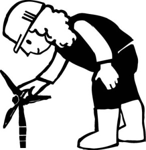 Artur_Oekostrom_Windkraft-vektor Eine Person, die einen Helm und Stiefel trägt, bückt sich, um eine Windkraftanlage zu überprüfen oder einzustellen.