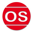 Ein rotes kreisförmiges Logo mit zwei horizontalen weißen Linien und den weißen Buchstaben "OS" in der Mitte.
