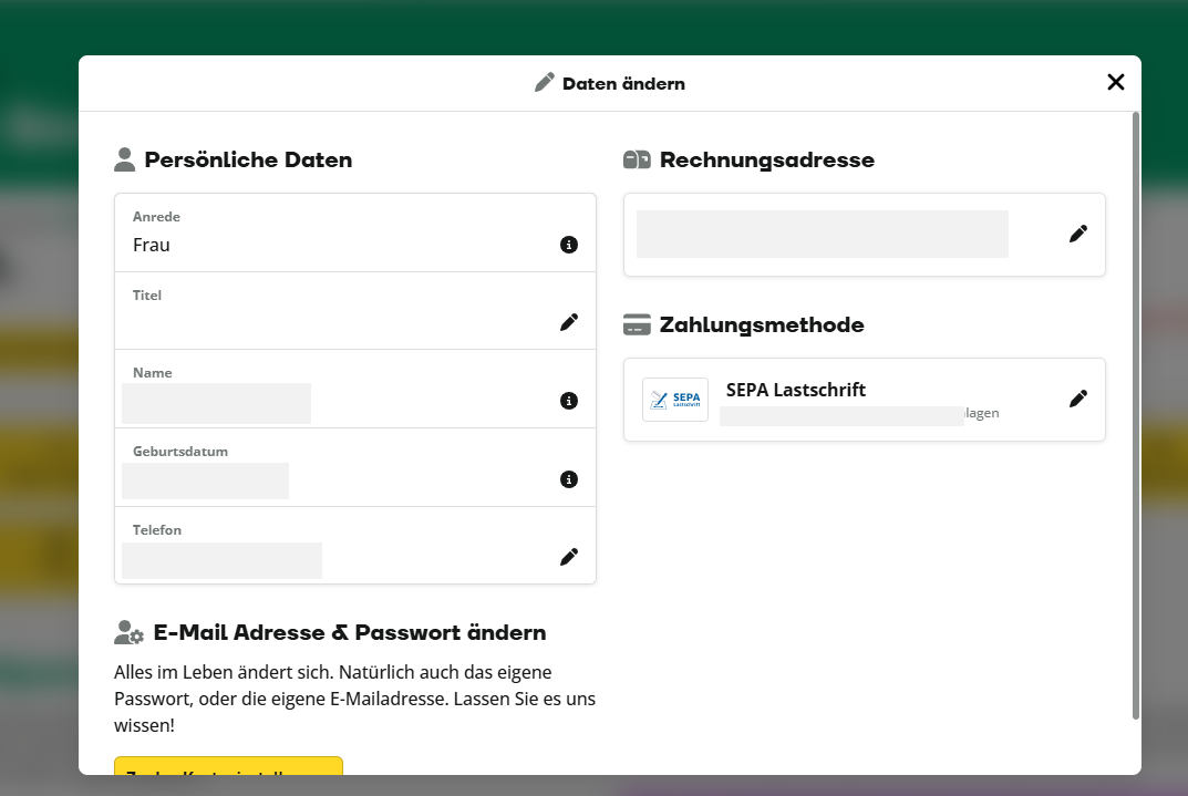 Screenshot eines Formulars zur Eingabe persönlicher Daten auf Deutsch, das Felder für persönliche Daten, Rechnungsadresse und Zahlungsart sowie Optionen zum Ändern der E-Mail-Adresse und des Passworts enthält.