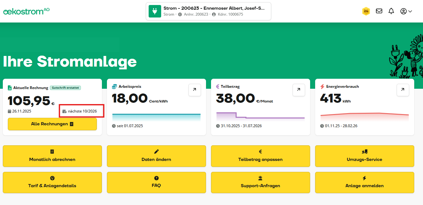 Dashboard mit Anzeige der aktuellen Stromkosten, des Verbrauchs und der Tarife; nächste Rechnung fällig am 10.01.2025; darunter verschiedene Optionen und Info-Schaltflächen, Benutzeroberfläche auf Deutsch.