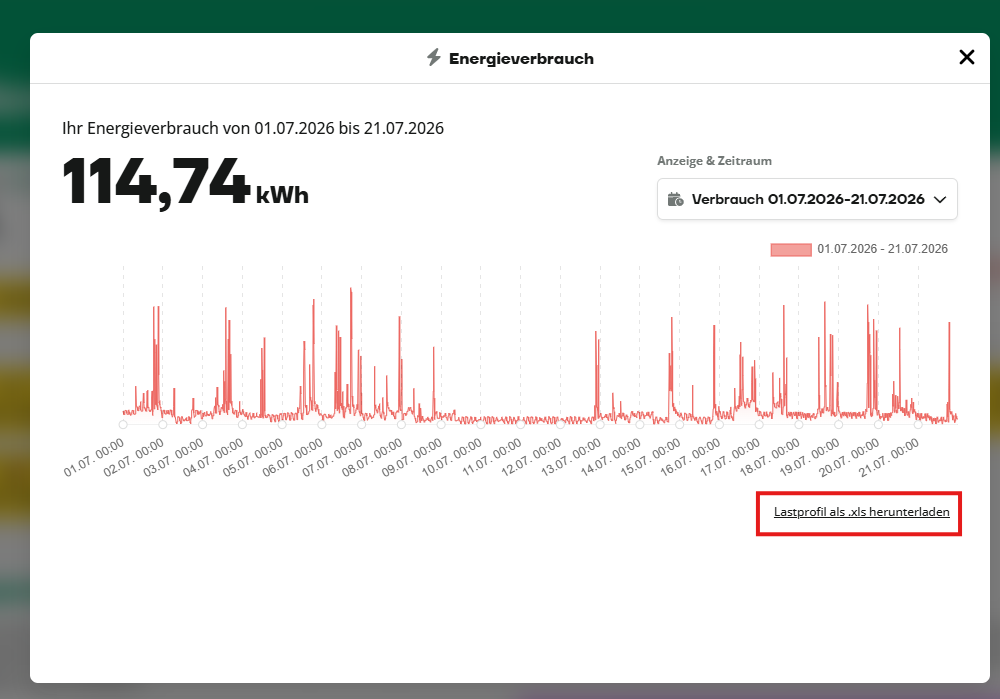 Liniendiagramm, das den Energieverbrauch vom 1. bis zum 21. Juli 2026 mit einer Gesamtmenge von 114,74 kWh darstellt; die Option zum Herunterladen der Daten als CSV-Datei ist hervorgehoben.