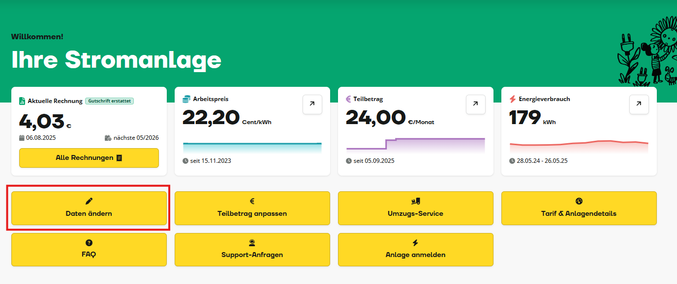 Dashboard-Oberfläche, die Daten zum Energieverbrauch, die aktuelle Rechnung, Tarife sowie verschiedene Aktionsschaltflächen wie „Daten ändern“, „FAQ“ und „Tarif & Anlagendetails“ in einem gelb-weißen Farbschema anzeigt.