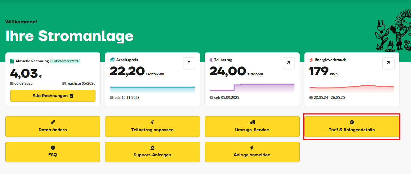 Ein deutsches Energie-Dashboard zeigt die aktuelle Rechnung, den Energiepreis, den Anteil am Stromnetz, den Verbrauch und Serviceoptionen in gelben Schaltflächen an, wobei die Option „Tarif & Anlagendetails“ rot hervorgehoben ist.