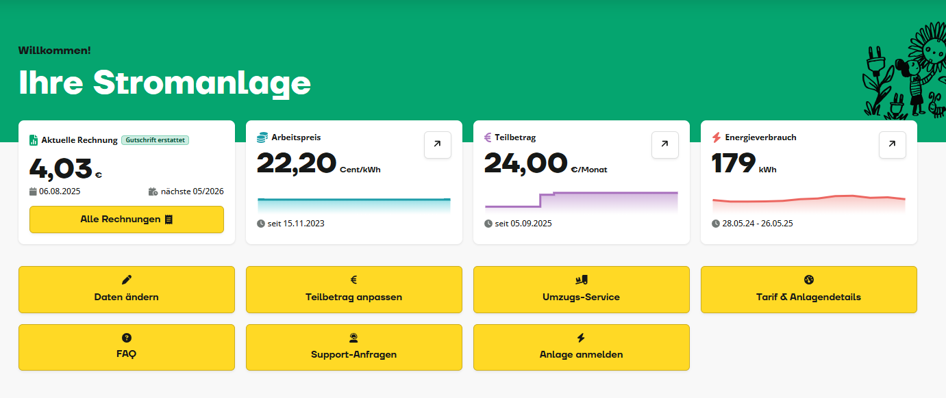 Screenshot eines deutschen Strom-Dashboards, das die aktuelle Rechnung, den Energiepreis, die Grundgebühr und den Verbrauch anzeigt, mit Menüoptionen für die Kontoverwaltung und den Support.