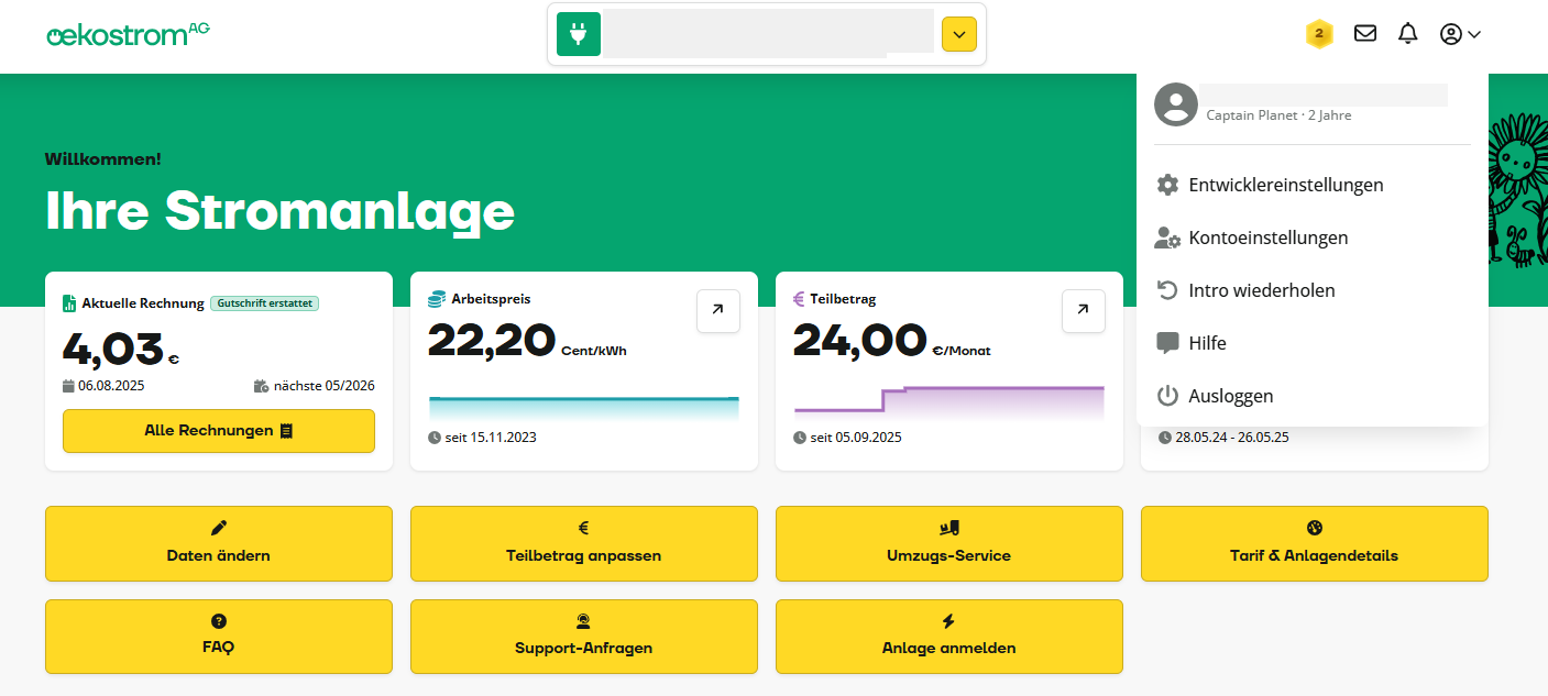 Dashboard für ein Kraftwerkskonto mit Anzeige des aktuellen Kontostands, des Strompreises, der Kontodaten und der Navigationsoptionen auf Deutsch.