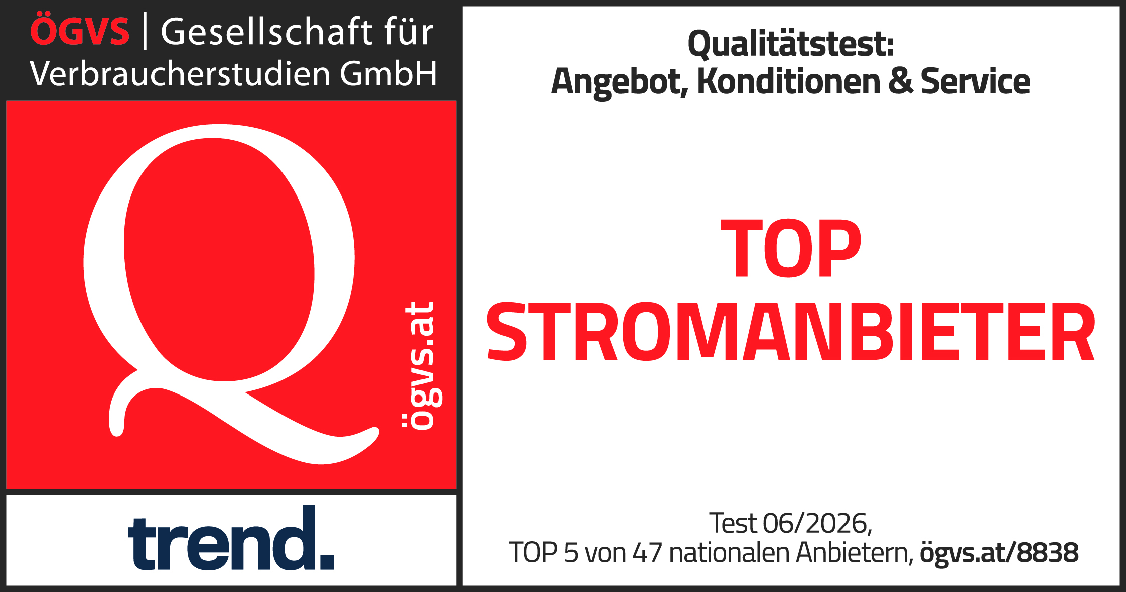 ÖGVS-Zertifikat, in dem ein Unternehmen in einem Qualitätstest von 47 nationalen Anbietern als „Top-Stromanbieter“ ausgezeichnet wird, mit Logos und Testinformationen.