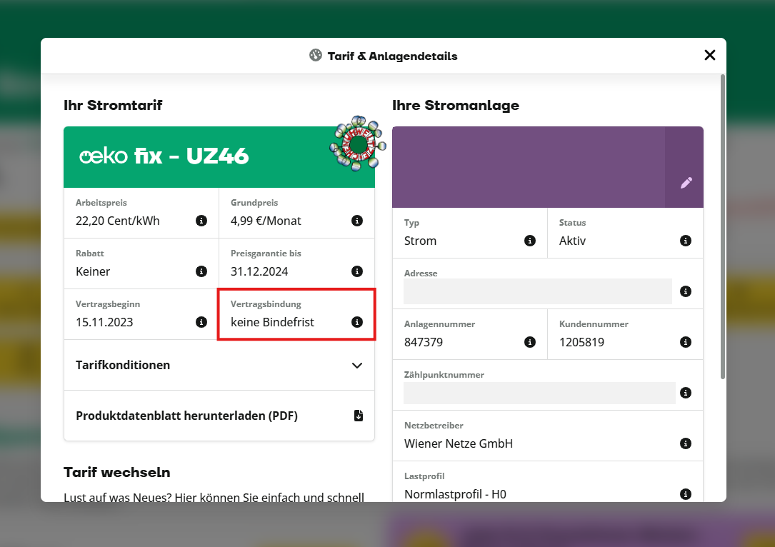 Screenshot einer Seite mit den Details zu einem Energietarif, auf der Vertragsinformationen wie Preis, Tarifbezeichnung und Vertragsdauer zu sehen sind, wobei die Angabe „keine Mindestvertragslaufzeit“ in einem roten Kasten hervorgehoben ist.