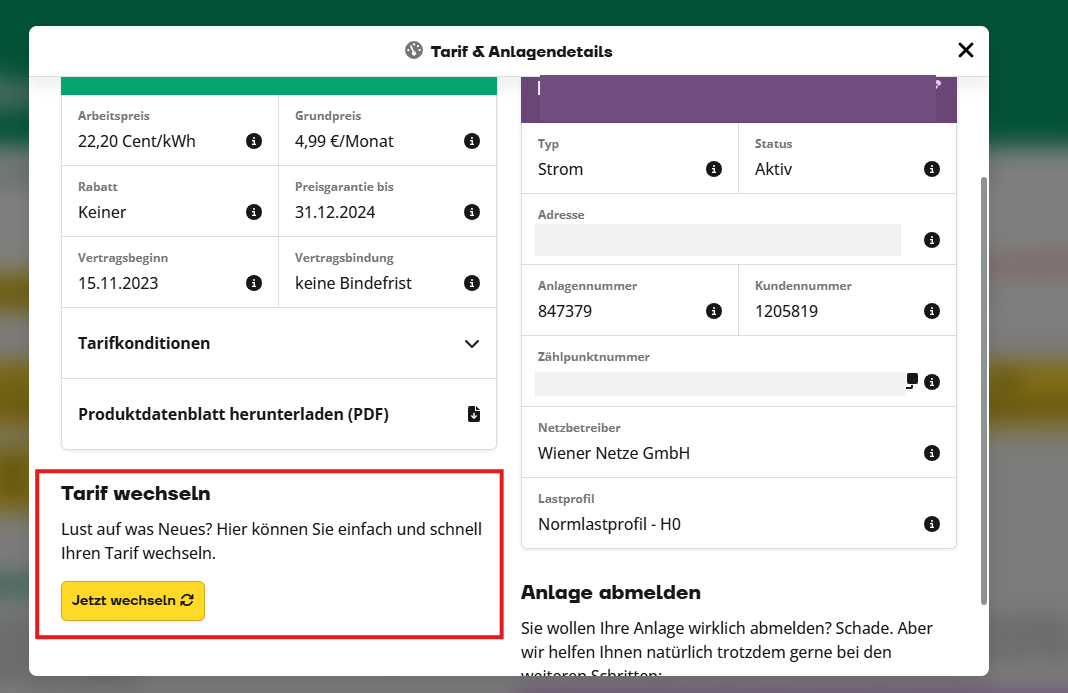 Screenshot einer Webseite zur Verwaltung von Stromtarifen, auf der Vertragsdetails, Zählerdaten und ein hervorgehobener Bereich zu sehen sind, der die Möglichkeit zum Tarifwechsel mit einer gelben Schaltfläche „Jetzt wechseln“ bietet.