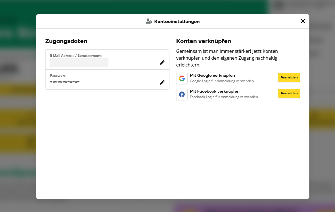 Der Bildschirm „Kontoeinstellungen“ auf Deutsch zeigt Felder für E-Mail-Adresse und Passwort sowie Optionen zur Verknüpfung der Konten mit Google oder Facebook an, jeweils mit einer gelben Schaltfläche „Anmelden“.